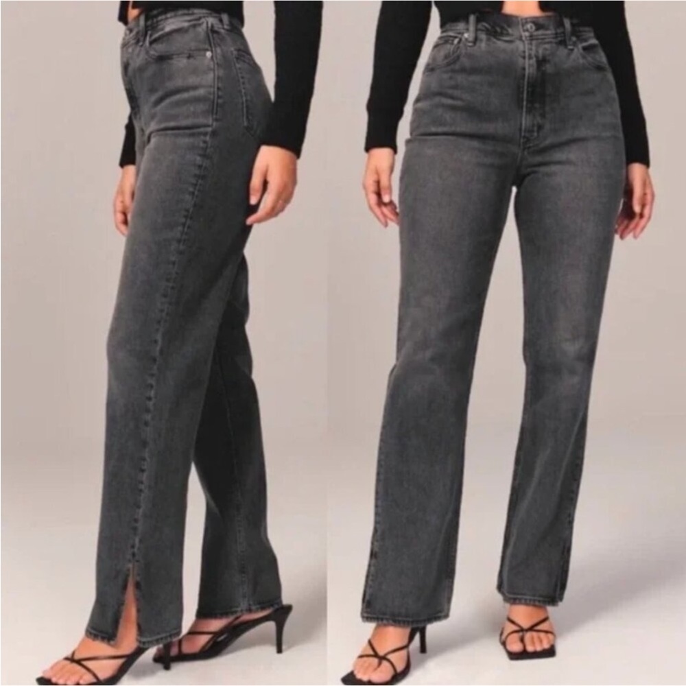 abercrombie and fitch the 90s straight ultra high rise black jeans slit hem